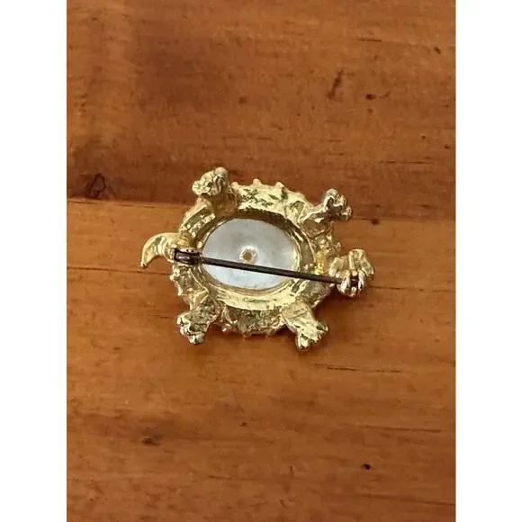 Vintage Faux Pearl Turtle Brooch Gold Tone Rhinestone Shell Green Crystal Eyes - Picture 7 of 8